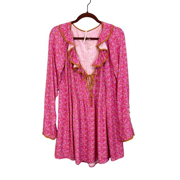 Free People Dresses & Skirts - Free People Pink Floral Deep Ruffle Neck Robe Blossom Mini Dress Medium NWOT